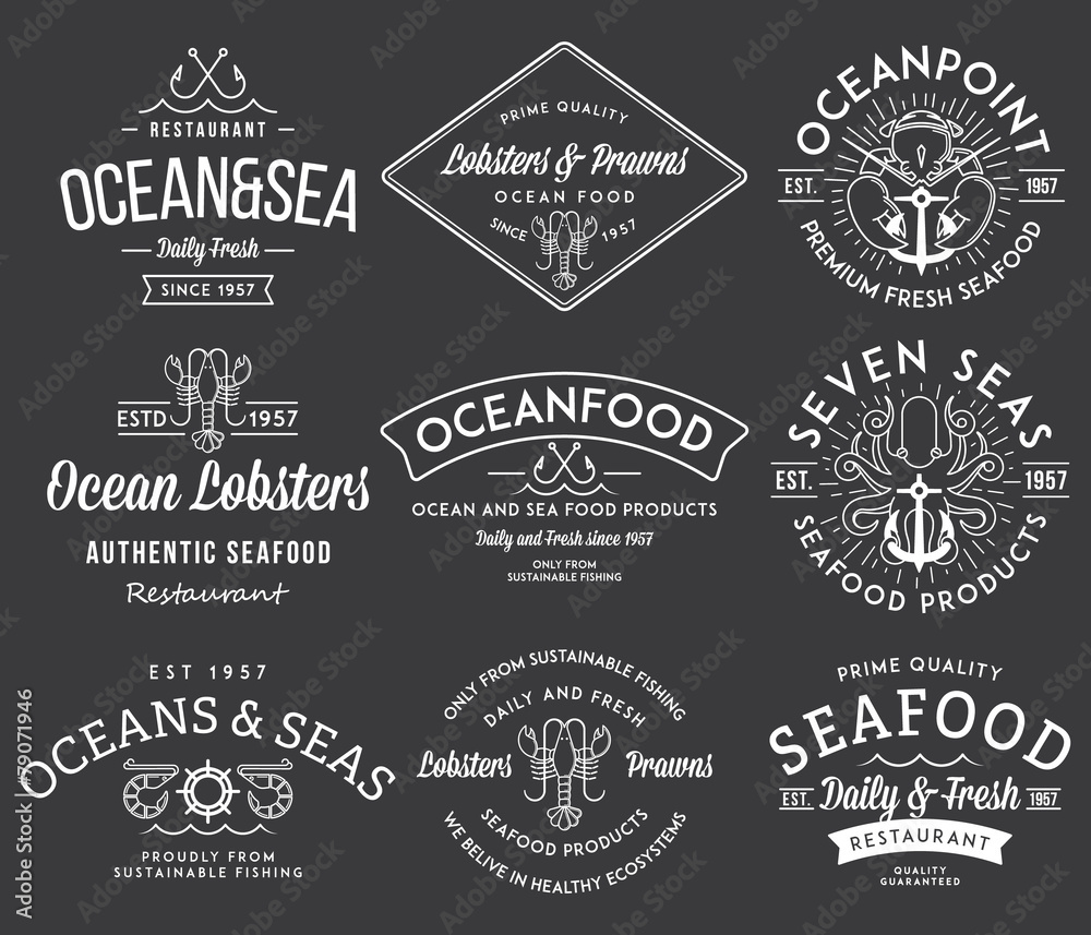 Seafood labels and badges vol. 3 white on black Seafood labels and badges vol. 3 white on black