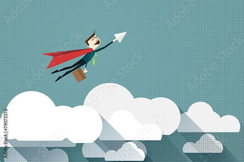 Cartoon businessman Superhero with paper cloud