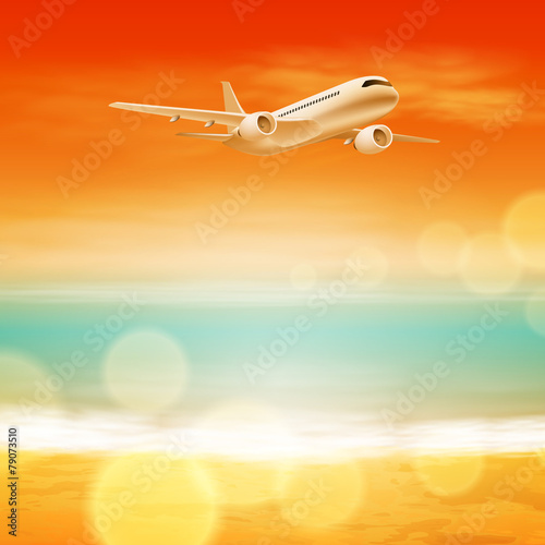 Background with sea and airplane in the sky