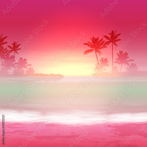 Fototapeta Naklejka Na Ścianę i Meble -  Background with sea and palm trees. Sunset time.
