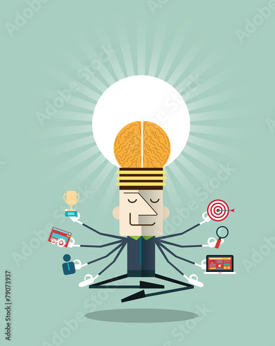 Illustration of businessman meditating with multitasking