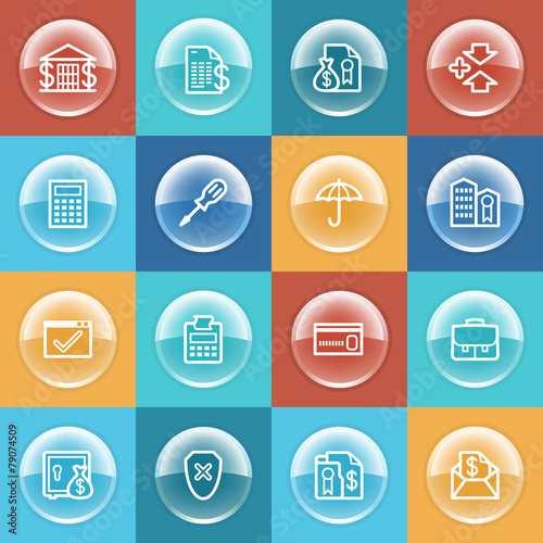 Banking icons with buttons on color background.