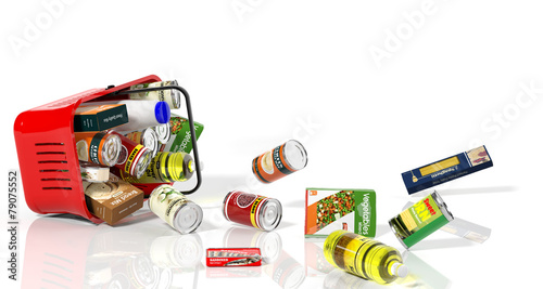 Full shopping basket with products falling out isolated on white