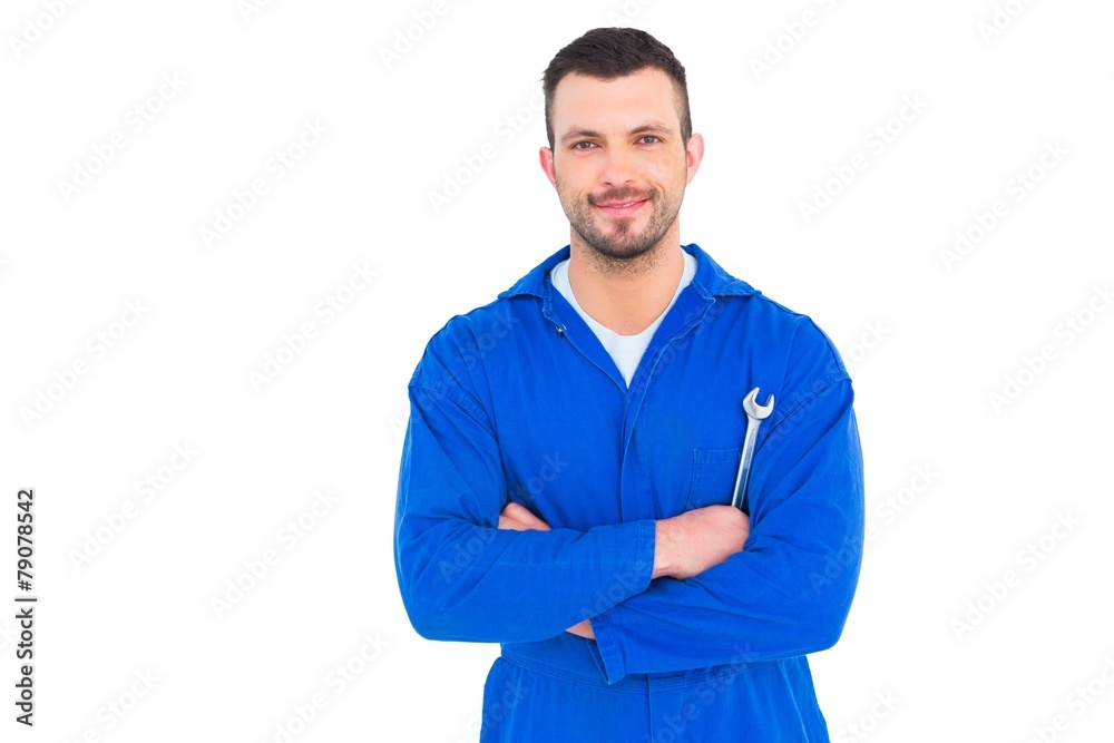 Happy mechanic holding spanner on white background Happy mechanic holding spanner on white background