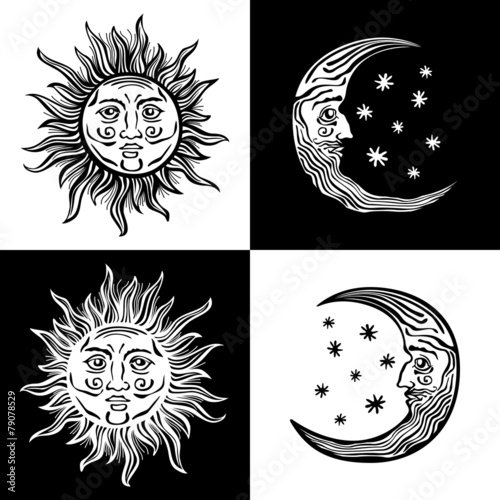 illustration sun moon faces retro vintage vector folklore
