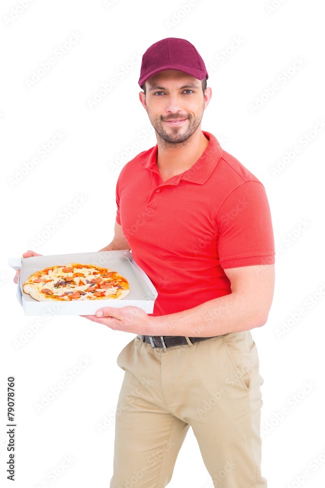 Delivery man showing fresh pizza Delivery man showing fresh pizza