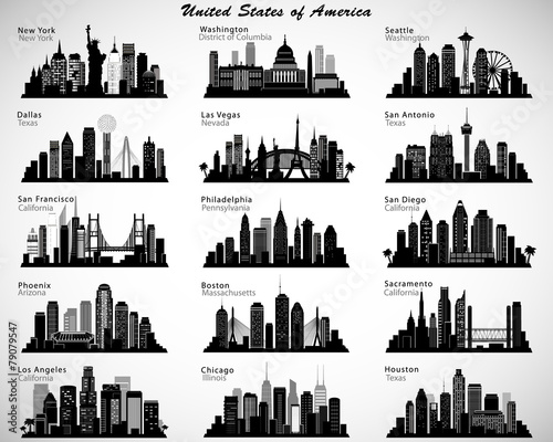 USA cities skylines set. Vector silhouettes photo