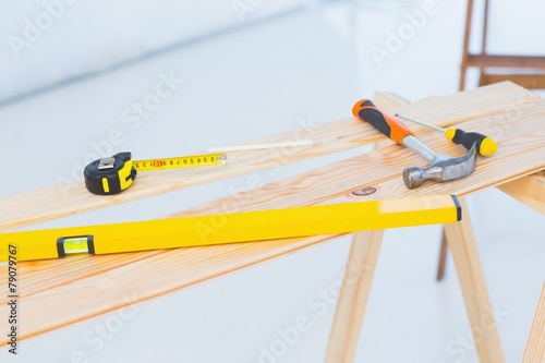 Construction tools on workbench