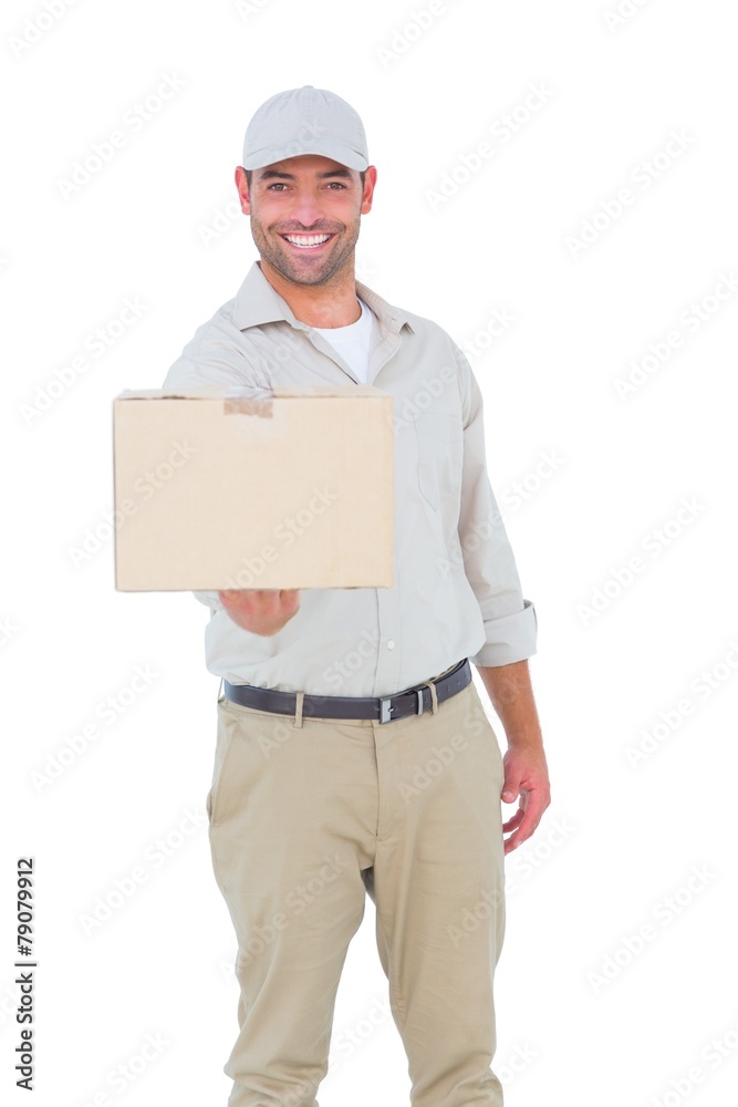 Delivery man giving package on white background Delivery man giving package on white background