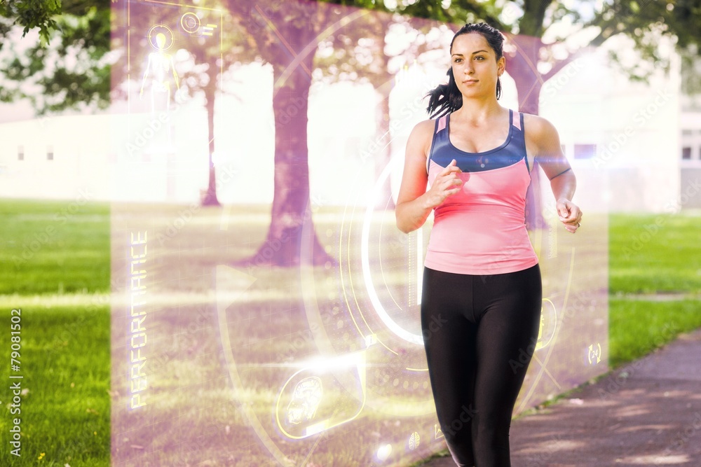Composite image of fit brunette jogging in the park