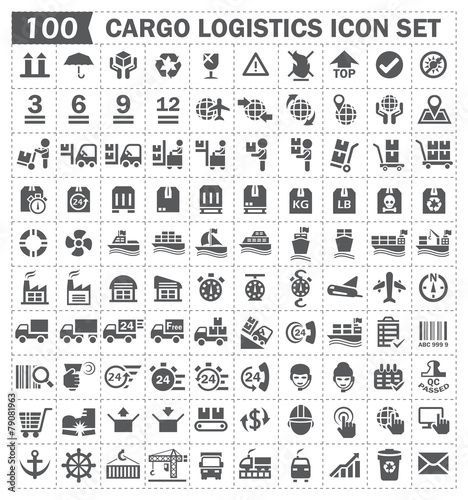 Cargo logistics vector icon. Cardboard box packaging sign. Freight transport, shipping, delivery or distribution by cargo container on ship, truck. Storage in store warehouse. Include worker, forklift