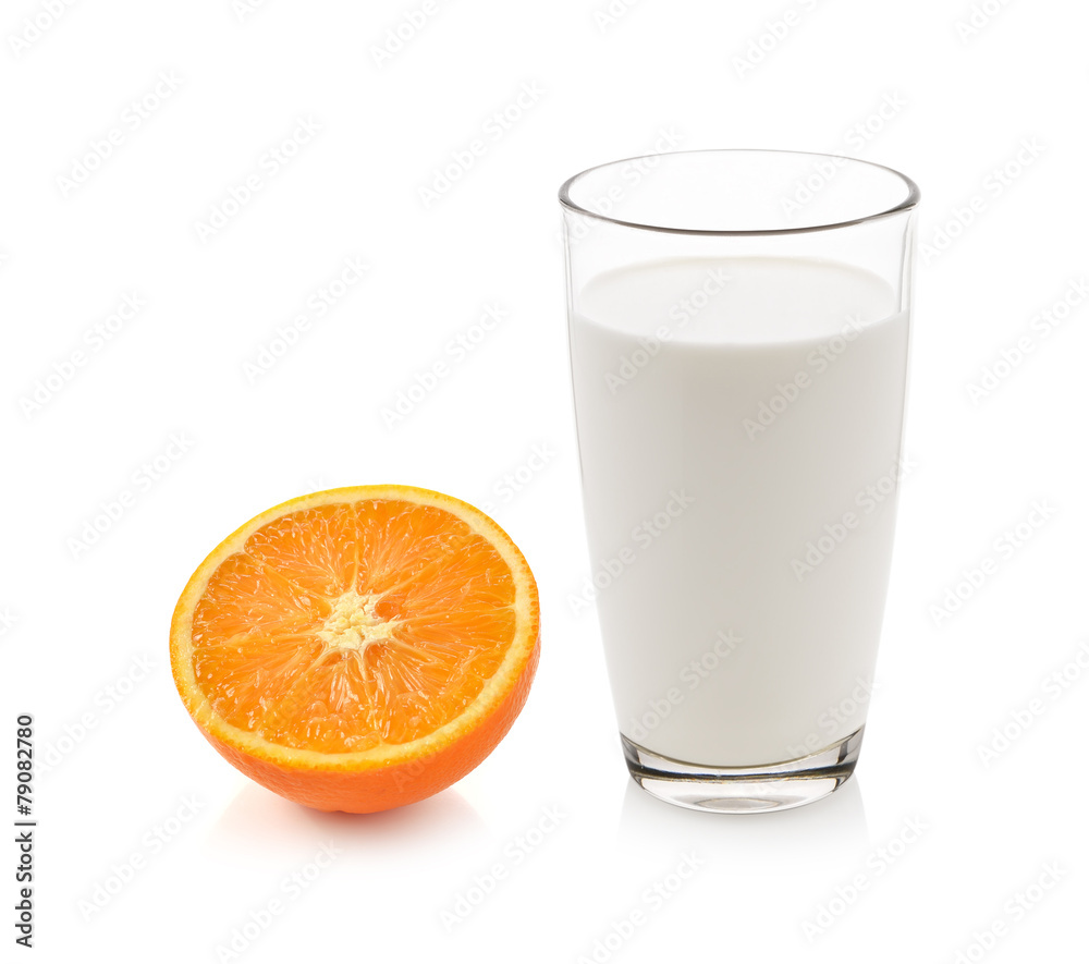 glass of milk with orange isolated on white glass of milk with orange isolated on white