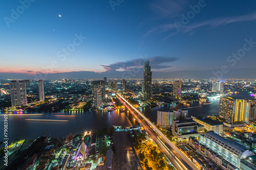 Night view of Saphan Taksin bridge in Bangkok, Thailand