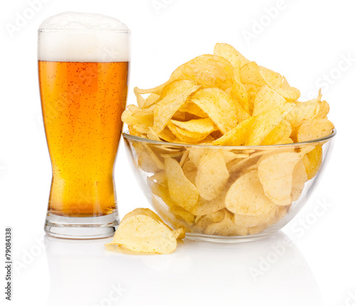 Bilde på lerret Glass of beer and Potato chips in glass bowl isolated on white b