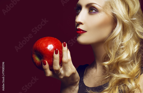 Beautiful Sexy Woman face closeup, makeup with Red Lips, Nails a