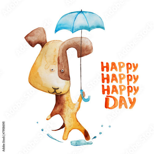 Dog with umbrella. Happy day. Vector