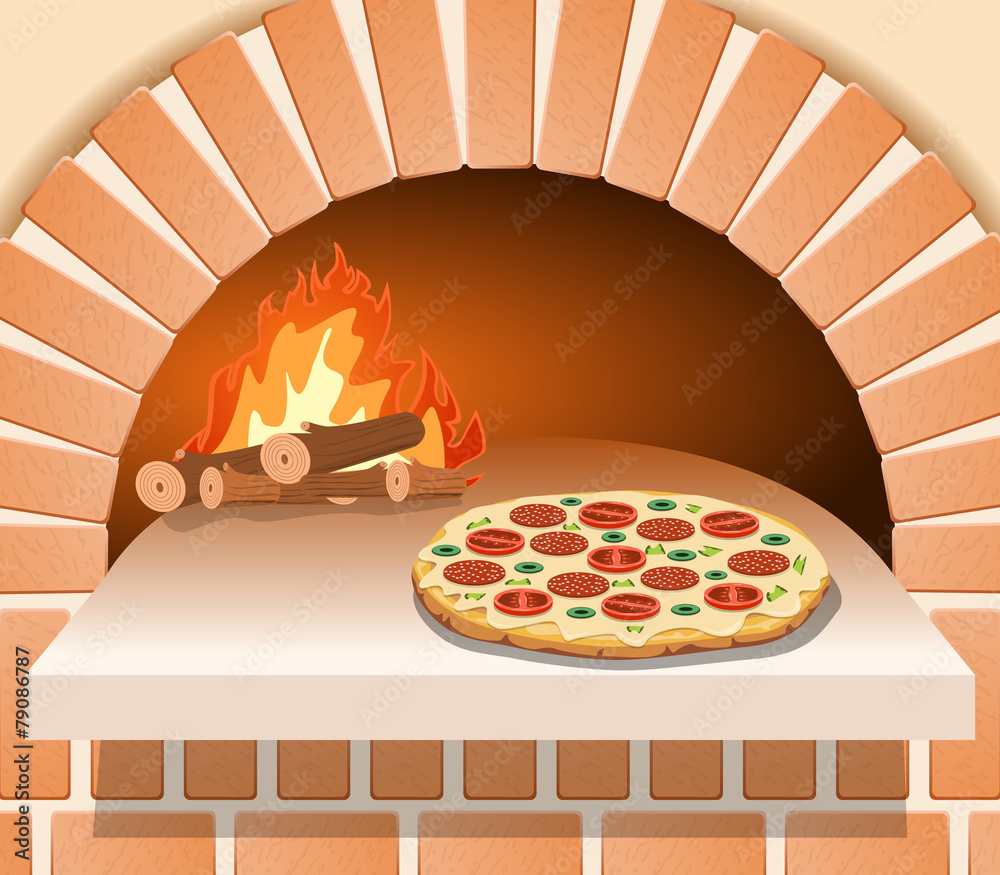 Vector Italian pizza with tomato in front of the oven
