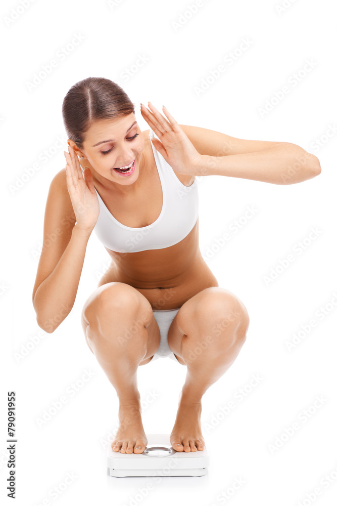 Shocked woman on bathroom scales Shocked woman on bathroom scales