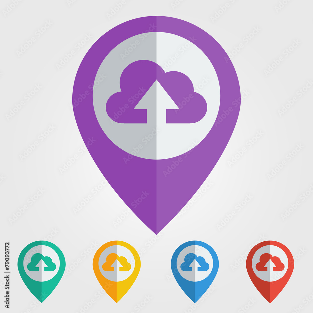 Vector flat pin with cloud upload icon Vector flat pin with cloud upload icon