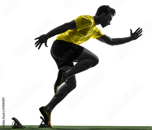 Plakat young man sprinter runner in starting blocks silhouette