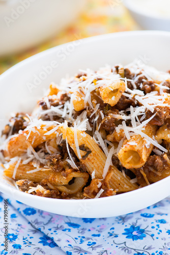 Baked pasta with meat tomato sauce and cheese