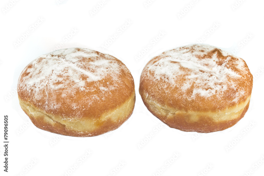 Two berliner donuts powdered with sugar isolated on white Two berliner donuts powdered with sugar isolated on white