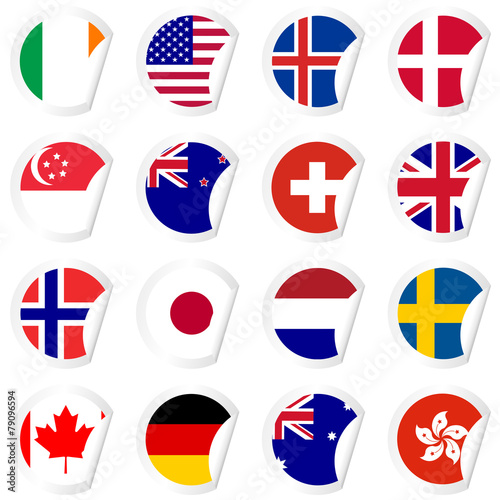 Curled corner stickers set with flags of the most developed coun