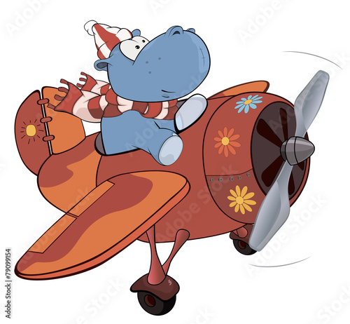 Little hippopotamus and a red plane. Cartoon