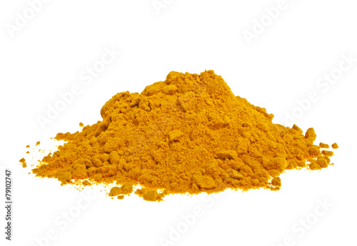 Pile of ground turmeric on a white background