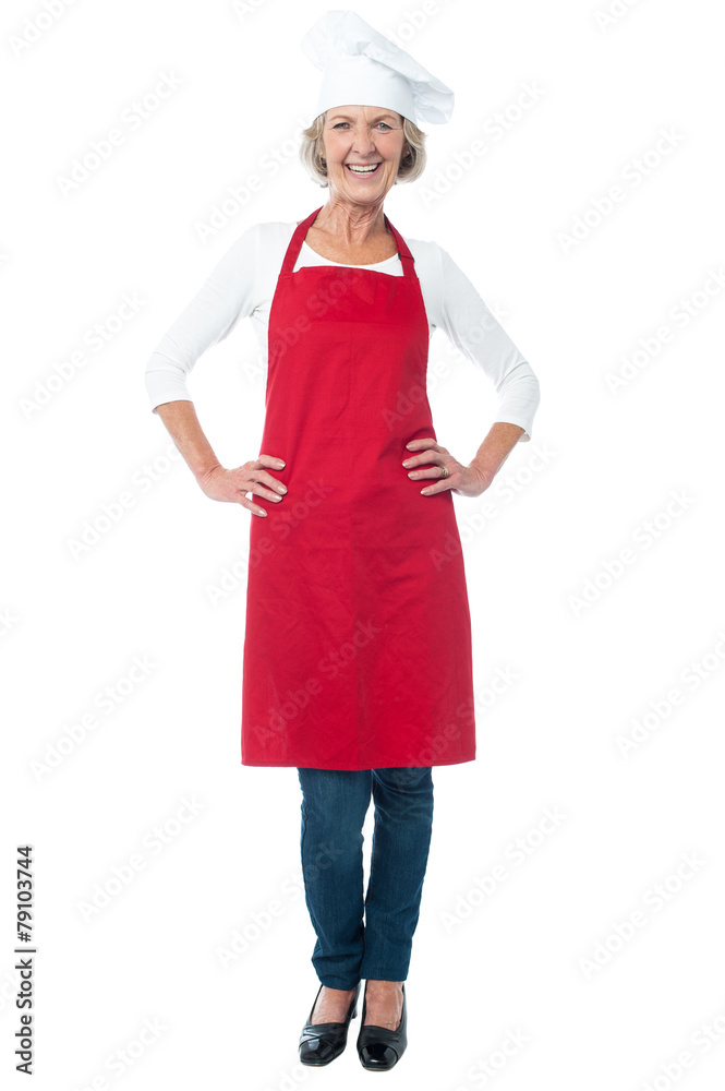 Full length of woman chef over white Full length of woman chef over white