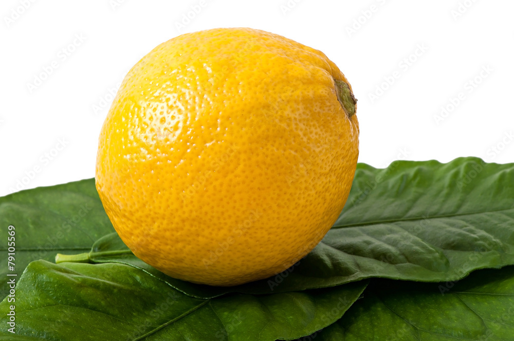 Ripe lemon with leaves, fruit background