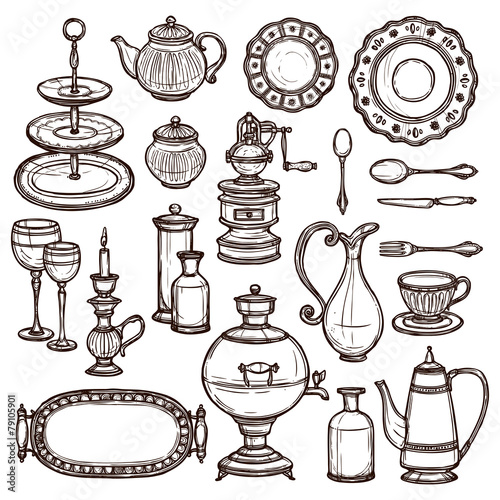 Dishes doodle sketch set print