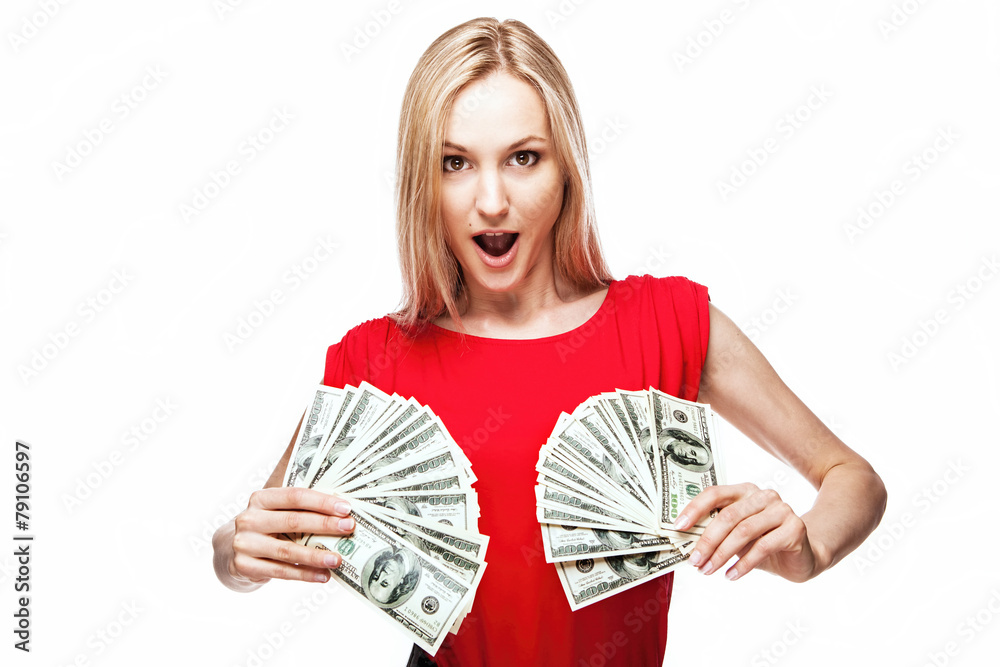 Woman holding dollar bills Woman holding dollar bills