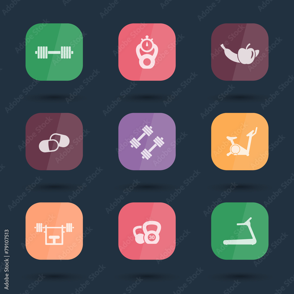 Gym, white flat icons on rounded squares, vector illustration Gym, white flat icons on rounded squares, vector illustration