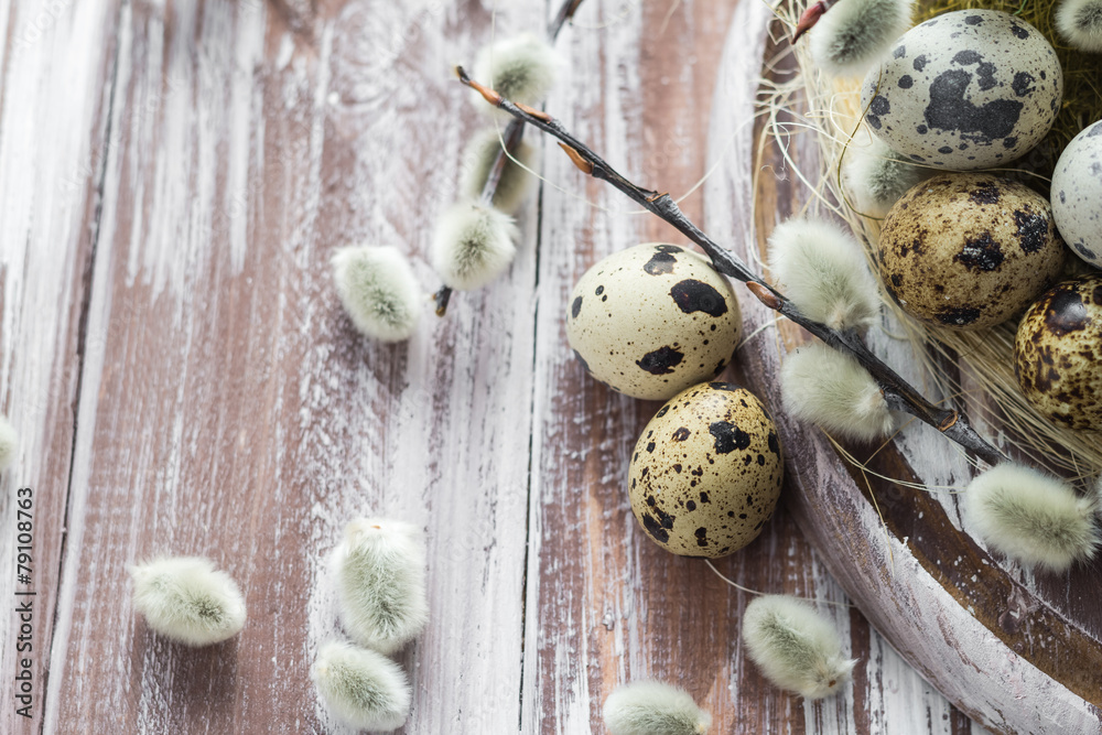 Easter background quail eggs catkins wooden table