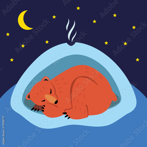 A cute cartoon bear sleeping in the winter in his den