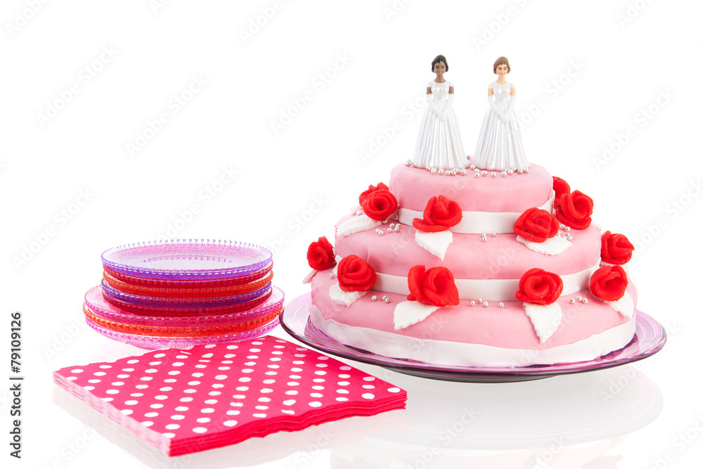 Wedding cake with lesbian couple - obrazy, fototapety, plakaty 