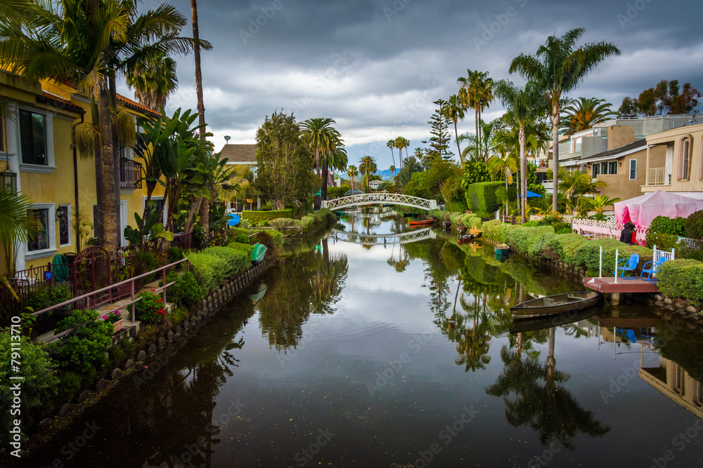 Houses and bridge along a canal in Venice Beach, Los Angeles, Ca