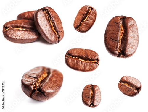 Collection of Roasted Coffee Beans isolated on white background.