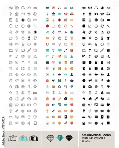 300 vector universal icons made in outline, color and black