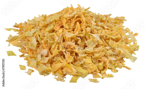 Heap of dried onions on a white
