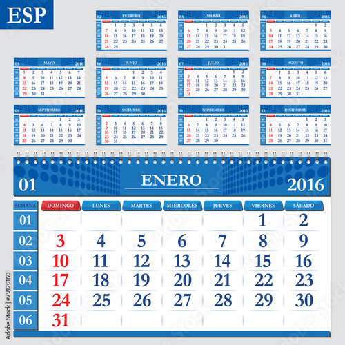 Spanish calendar 2016, horizontal calendar grid, vector