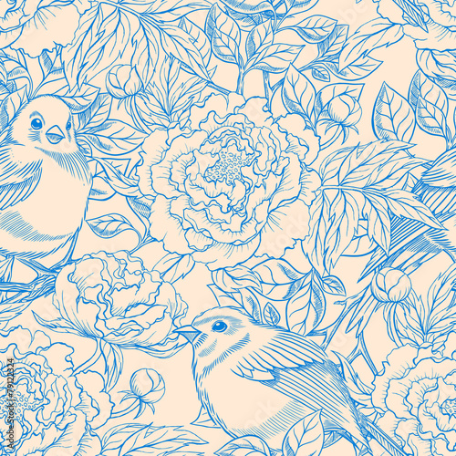 blue and beige birds and peonies