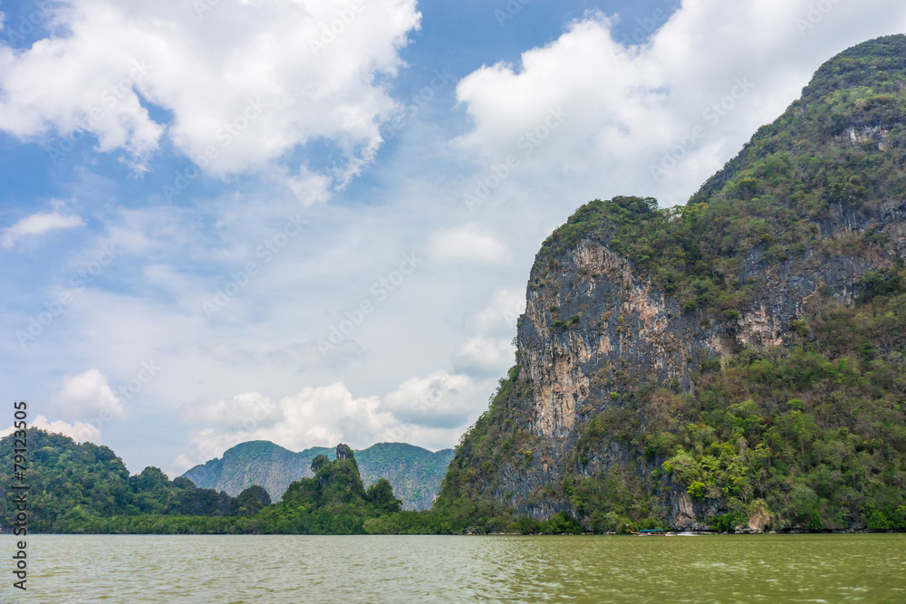 Phang Nga bay and mountain view with blue sky Phang Nga bay and mountain view with blue sky
