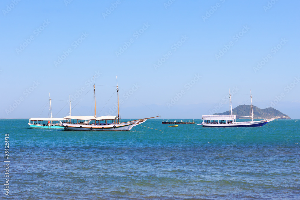 Touristic yachts in sea near island, Buzios,  Brazil