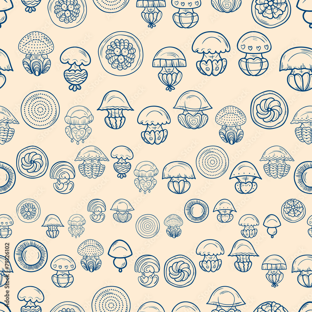 Seamless pattern with cartoon jellyfish. Illustration with hand-drawn sea jellyfish underwater. Can be used for pattern fills, wallpapers, web page, surface textures