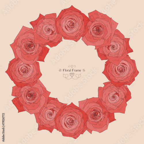 Fototapeta Naklejka Na Ścianę i Meble -  Vector round frame with beautiful roses. Place for text. Can be used as postcard, illustration