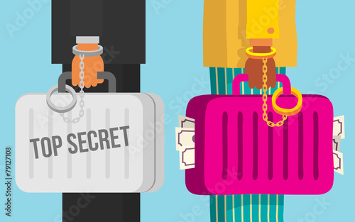 Top secret, characters with full money briefcase in hand, cartoon style vector illustration