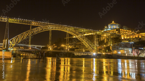 Famous Dom Luis I Bridge at night time in Porto, Portugal. © De Visu
