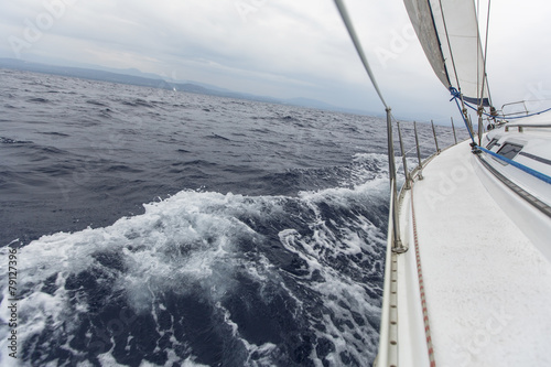Sailing in stormy weather in the Mediterranean Sea.